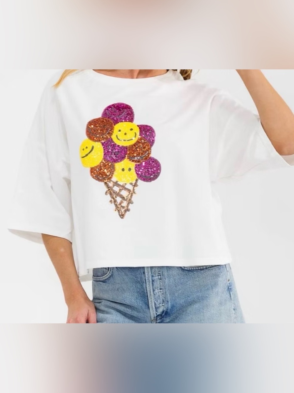 Peach Love California Sequin Smiley Ice Cream Oversized Crop Top Size Large